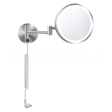 DEUSENFELD WL500EG - Echt Edelstahl 304 Wand LED Kosmetikspiegel, Tageslicht 6500-7000K, 5x Vergrößerung, Ø20cm, Gehäuse nur 21mm, Spiralnetzkabel, matt gebürstet